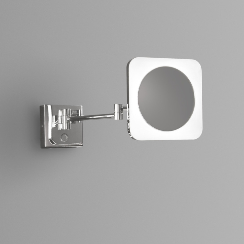 Close up product image of the Origins Living Sloane Square LED Magnifying Mirror emitting cool white light